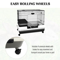 HKM-6645053 2-Level Small Animal Cage with Wheels for Rabbits, Ferrets, and Chinchillas, Indoor Hutch with Access Doors and Platforms
