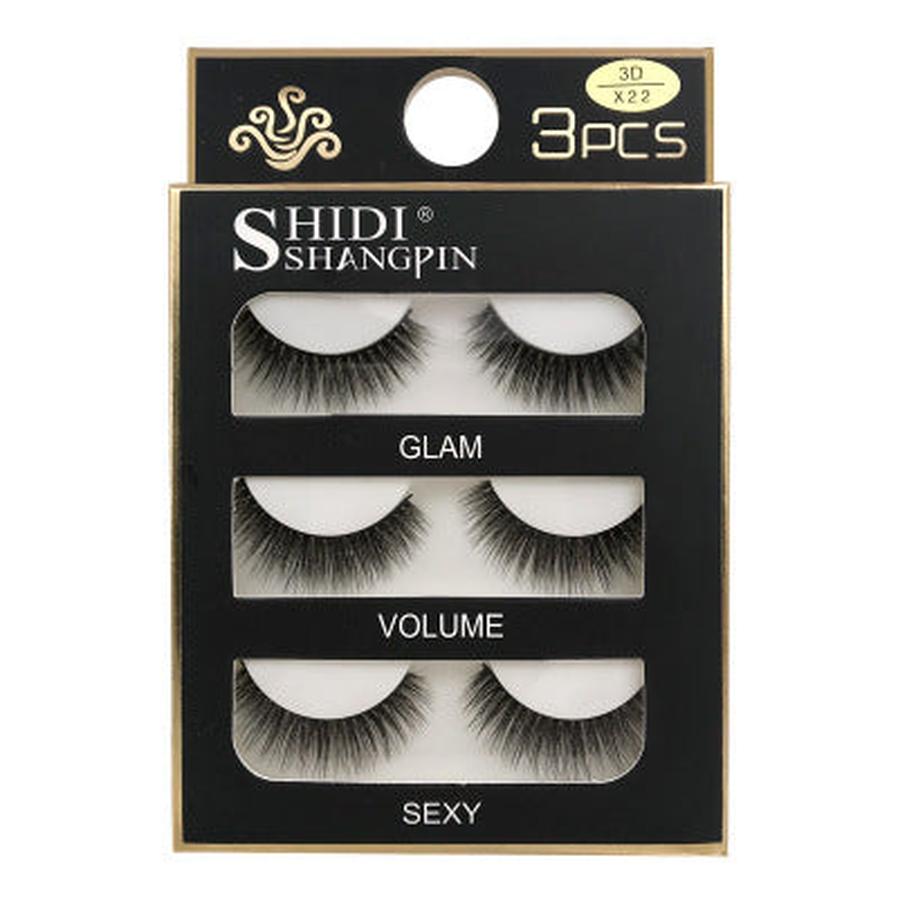 HKM-664595 Natural 3D Mink Eyelashes - 3 Pairs of Handcrafted Long False Lashes with Cotton Stems