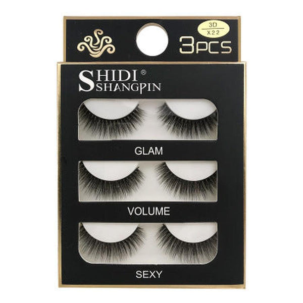 HKM-664595 Natural 3D Mink Eyelashes - 3 Pairs of Handcrafted Long False Lashes with Cotton Stems