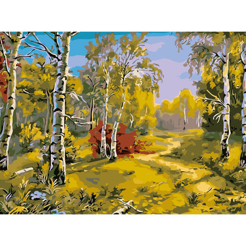 HKM-664915 Digital Oil Painting DIY Landscape Art Kit - City Silhouette, Spring Flowers, Ginkgo Tree, Romantic Woods, 40x50cm, Unframed