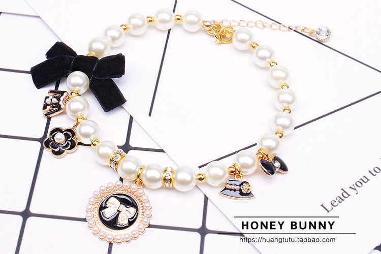 HKM-6649405 Lace Bow Dog Chain with Cat Bell in Pink and Blue Rhinestones