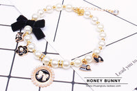 HKM-6649405 Lace Bow Dog Chain with Cat Bell in Pink and Blue Rhinestones