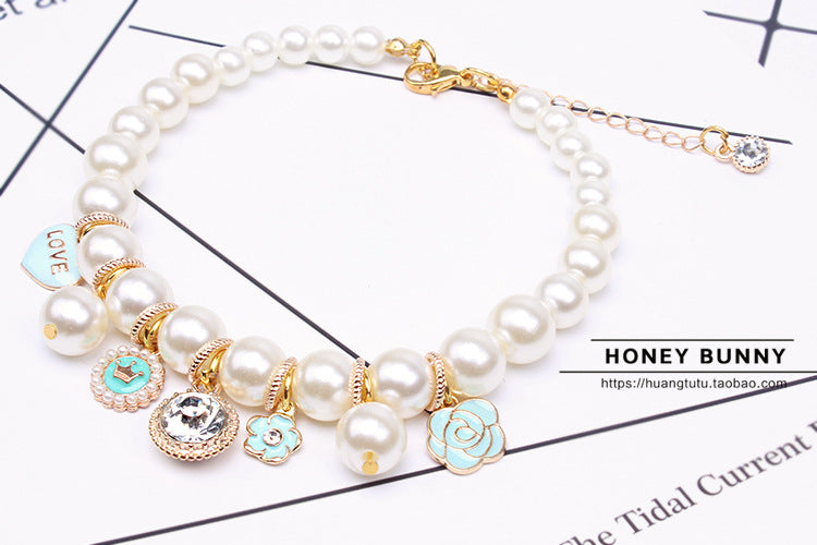 HKM-6649405 Lace Bow Dog Chain with Cat Bell in Pink and Blue Rhinestones