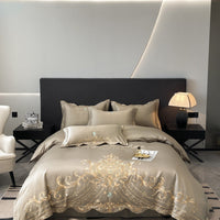 HKM-665363 Elegant European Style 4-Piece Cotton and Ice Silk Bedding Set with Embroidered Quilt Cover and Pillowcases