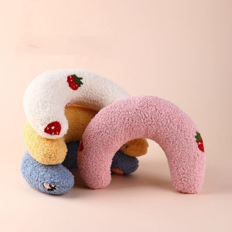 HKM-6653757 U-Shaped Cat Pillow for Cervical Support - Soft Polyester & PP Cotton, 24x20x7cm - Available in White, Pink, Blue, Yellow