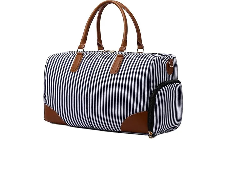 HKM-665427 Large Capacity Striped Canvas Travel Handbag with Leather Accents - Durable Shoulder Messenger Bag for Women