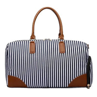 HKM-665427 Large Capacity Striped Canvas Travel Handbag with Leather Accents - Durable Shoulder Messenger Bag for Women