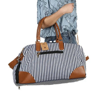 HKM-665427 Large Capacity Striped Canvas Travel Handbag with Leather Accents - Durable Shoulder Messenger Bag for Women