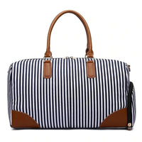 HKM-665427 Large Capacity Striped Canvas Travel Handbag with Leather Accents - Durable Shoulder Messenger Bag for Women