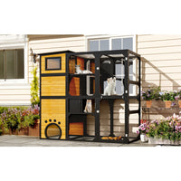 HKM-6656189 Indoor/Outdoor Multi-Level Cat Enclosure with Weatherproof Design, Window Attachment, Platforms, and Lounges in Brown
