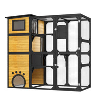 HKM-6656189 Indoor/Outdoor Multi-Level Cat Enclosure with Weatherproof Design, Window Attachment, Platforms, and Lounges in Brown