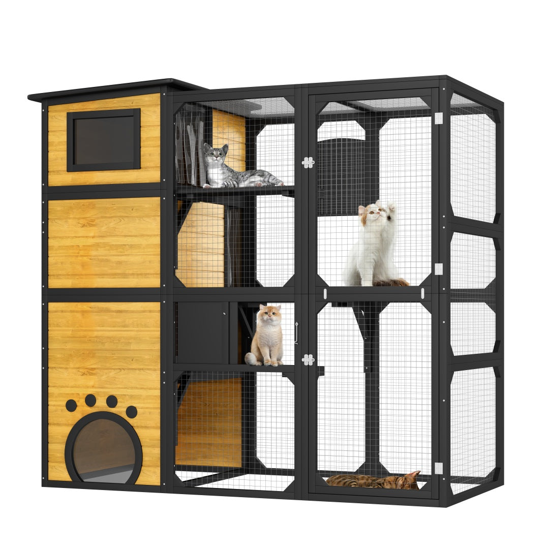 HKM-6656189 Indoor/Outdoor Multi-Level Cat Enclosure with Weatherproof Design, Window Attachment, Platforms, and Lounges in Brown