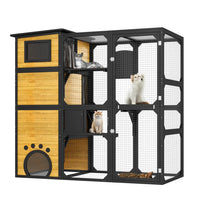 HKM-6656189 Indoor/Outdoor Multi-Level Cat Enclosure with Weatherproof Design, Window Attachment, Platforms, and Lounges in Brown