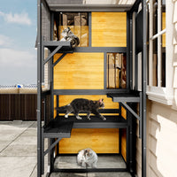 HKM-6656189 Indoor/Outdoor Multi-Level Cat Enclosure with Weatherproof Design, Window Attachment, Platforms, and Lounges in Brown