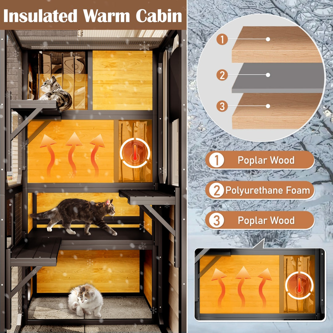 HKM-6656189 Indoor/Outdoor Multi-Level Cat Enclosure with Weatherproof Design, Window Attachment, Platforms, and Lounges in Brown