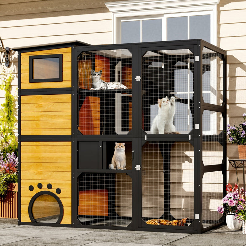 HKM-6656189 Indoor/Outdoor Multi-Level Cat Enclosure with Weatherproof Design, Window Attachment, Platforms, and Lounges in Brown