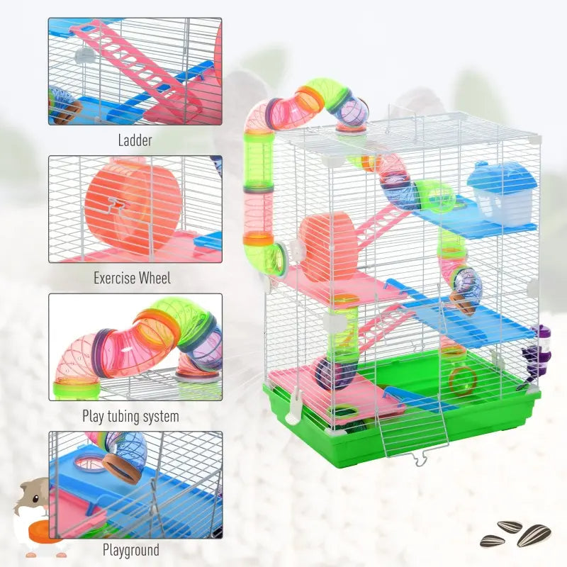 HKM-6656573 5-Tier Hamster Cage with Exercise Wheel, Tunnels, and Portable Design