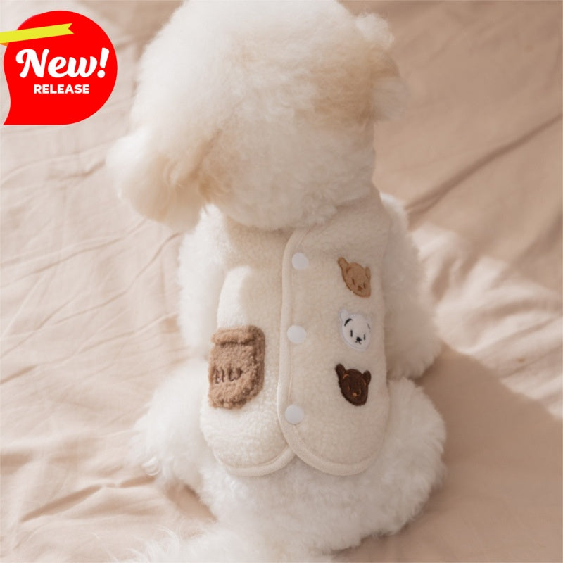 HKM-6663229 Cozy Fleece Jackets for Small Dogs and Cats, Cute Bear Embroidery with Pocket, Autumn and Winter Pet Wear