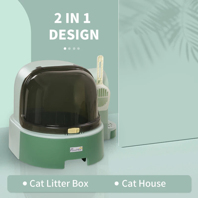 HKM-6664125 Easy-to-Clean Green Cat Litter Box with Openable Front Cover and Removable Tray
