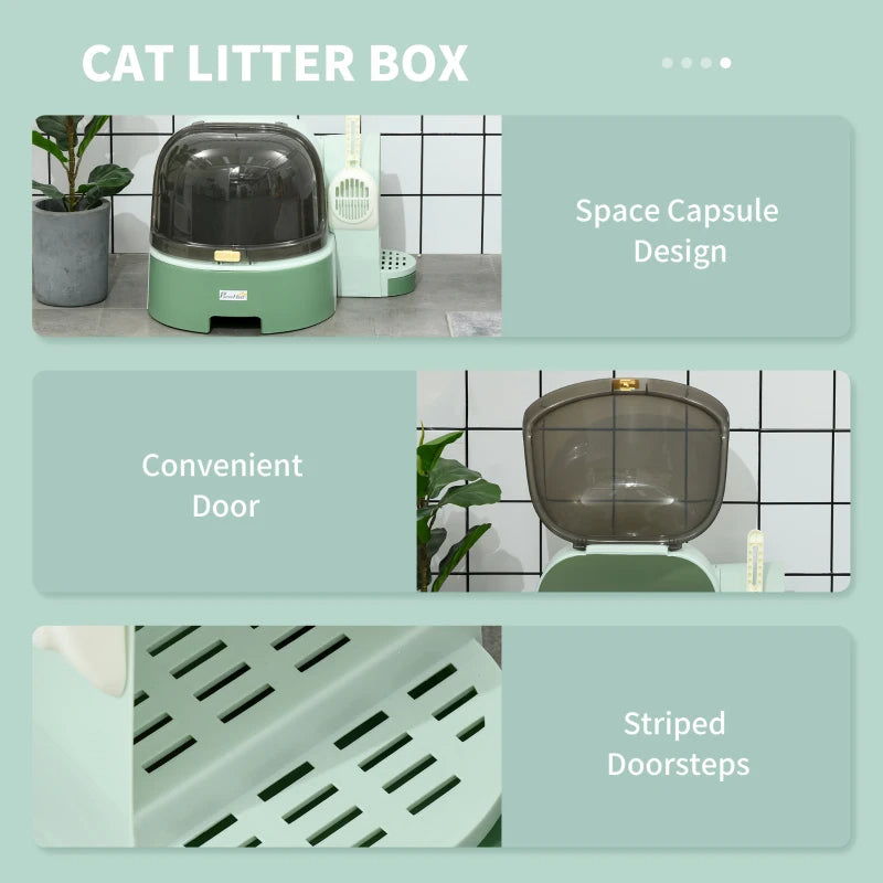 HKM-6664125 Easy-to-Clean Green Cat Litter Box with Openable Front Cover and Removable Tray