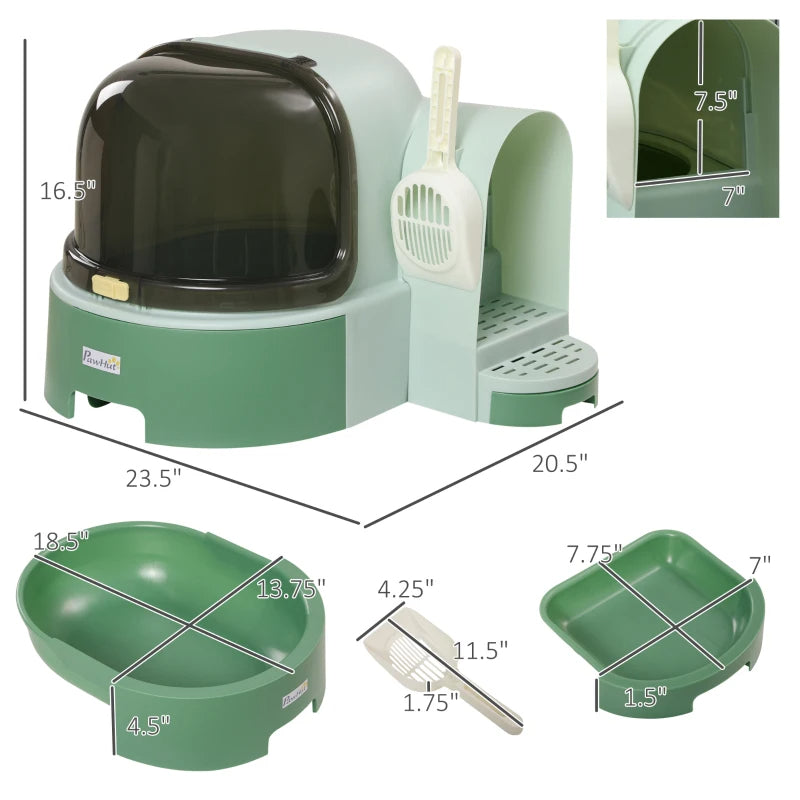 HKM-6664125 Easy-to-Clean Green Cat Litter Box with Openable Front Cover and Removable Tray