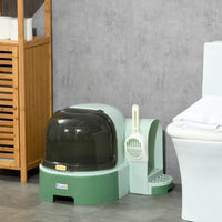 HKM-6664125 Easy-to-Clean Green Cat Litter Box with Openable Front Cover and Removable Tray