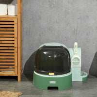 HKM-6664125 Easy-to-Clean Green Cat Litter Box with Openable Front Cover and Removable Tray