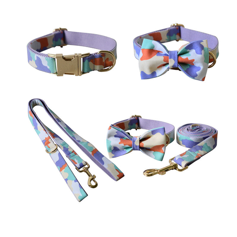 HKM-6664509 Purple Camouflage Dog Bow Tie and Metal Buckle Leash Set - Size S, M, L, XL