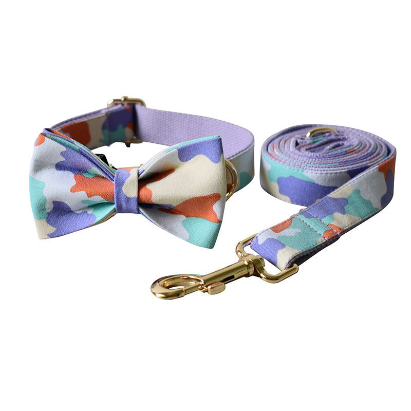 HKM-6664509 Purple Camouflage Dog Bow Tie and Metal Buckle Leash Set - Size S, M, L, XL