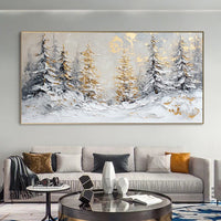 HKM-666451 Handmade Oil Painting of Snowy Winter Landscape with Golden Pine Trees on Canvas - Unframed, Rolled Artwork