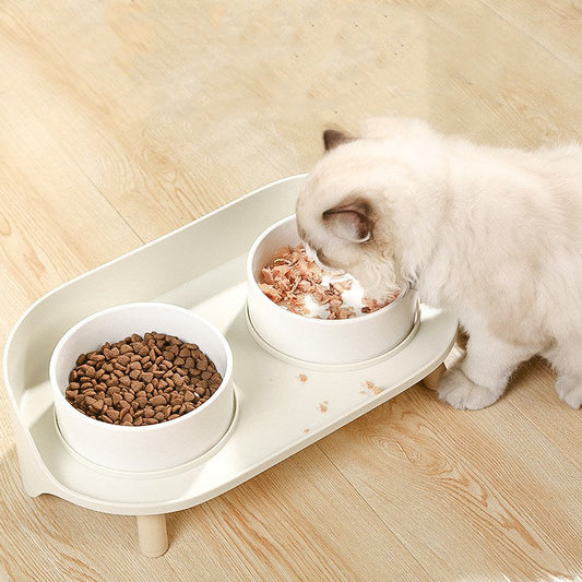 HKM-6668605 Cervical Spine Support Ceramic Cat & Small Dog Double Bowl - Mint Green & Pearl White