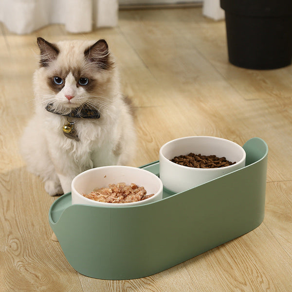 HKM-6668605 Cervical Spine Support Ceramic Cat & Small Dog Double Bowl - Mint Green & Pearl White