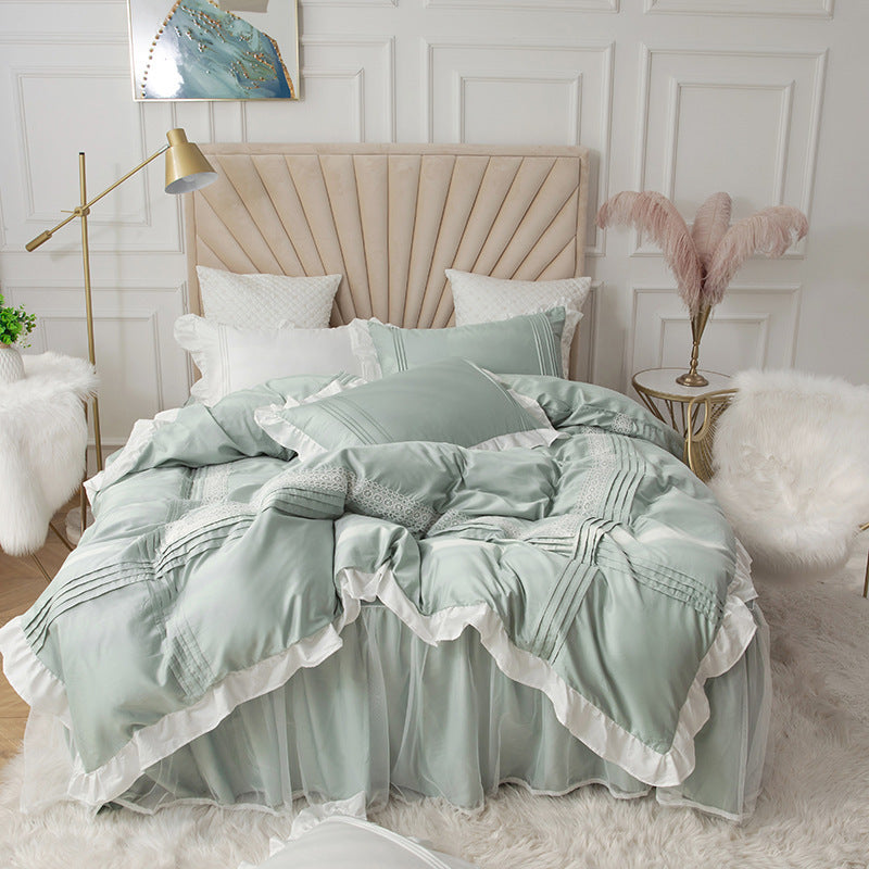 HKM-667475 Korean Princess Style Lace Bed Skirt Four-Piece Quilt Cover Set in Pure Cotton