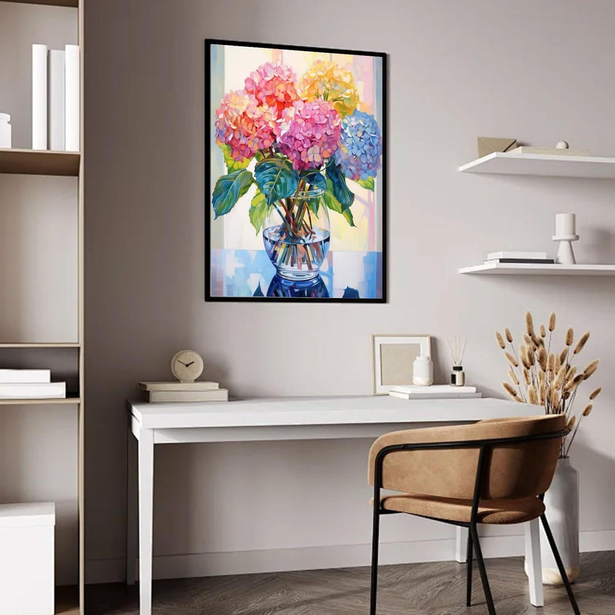 HKM-667603 Hydrangea Flower Diamond Art Kit - 12x16 Inch Plastic Canvas Embroidery Set with Hummingbird and Bee Design