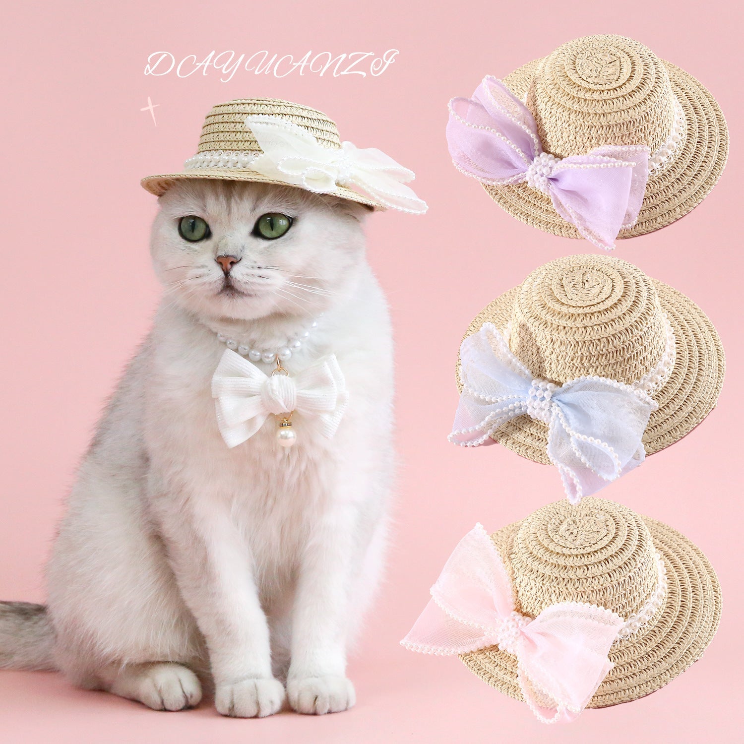 HKM-667667 Charming Cat Lady Straw Hat with Pearl Butterfly Detail in Various Colors