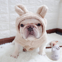 HKM-6680509 Cozy Coral Fleece Bunny Costume Hoodie for Pets in Grey, Pink, and Apricot