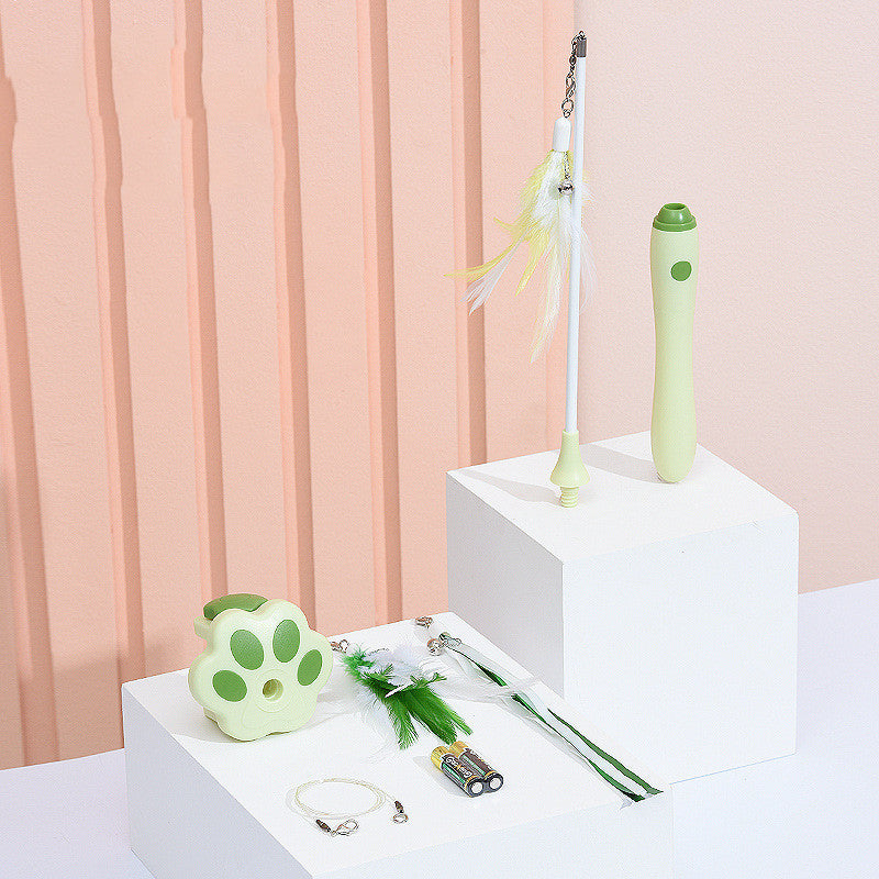 HKM-6680765 Interactive Infrared Cat Feather Toy Stick with Three-Section Fishing Line, Batteries Included - Green & Pink