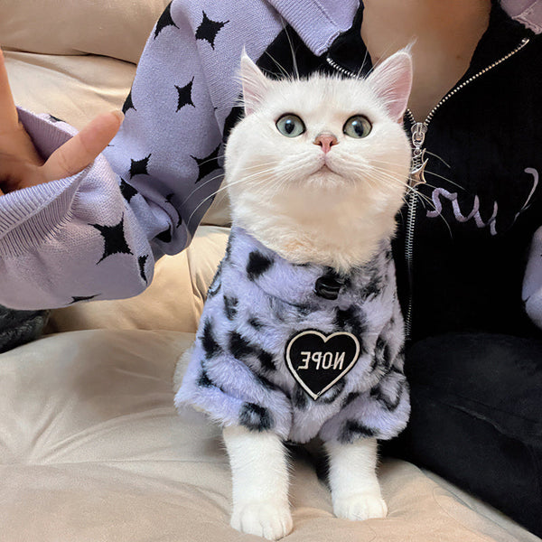 HKM-6684989 Thick Plush Cat Sweater for Winter - Available in White and Purple Leopard Print, Multiple Sizes