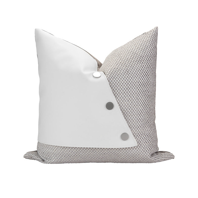 HKM-668499 Beige Square Pillow with Geometric White Leather Stitching, 45x45cm
