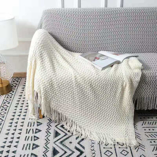 HKM-668819 Cozy Knitted Acrylic Blanket with Tassels for All Seasons - Available in Multiple Colors