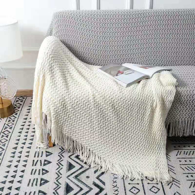 HKM-668819 Cozy Knitted Acrylic Blanket with Tassels for All Seasons - Available in Multiple Colors