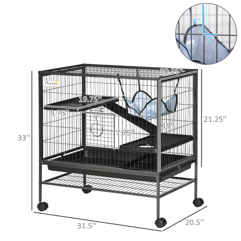 HKM-6689341 Multi-Tier Small Animal Cage with Rolling Wheels and Storage Shelf for Ferrets, Chinchillas, and Other Pets