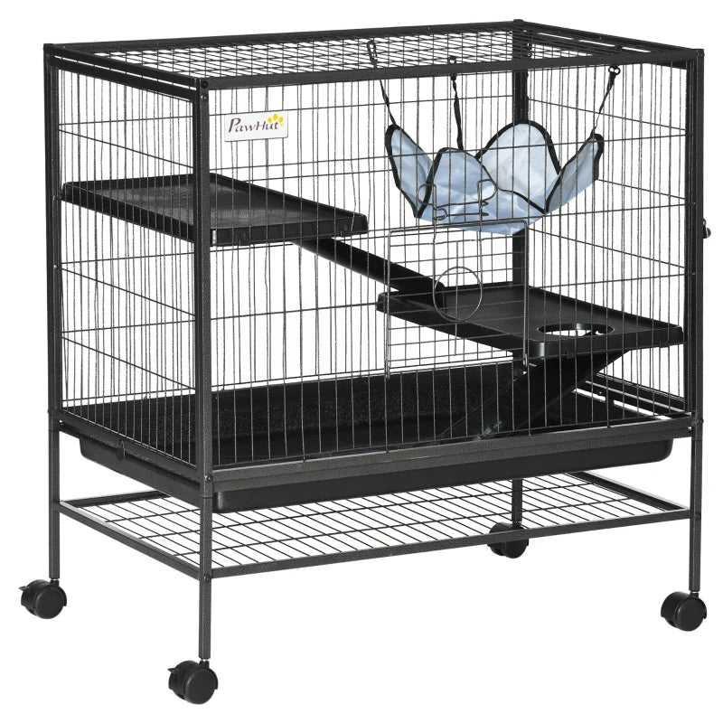 HKM-6689341 Multi-Tier Small Animal Cage with Rolling Wheels and Storage Shelf for Ferrets, Chinchillas, and Other Pets