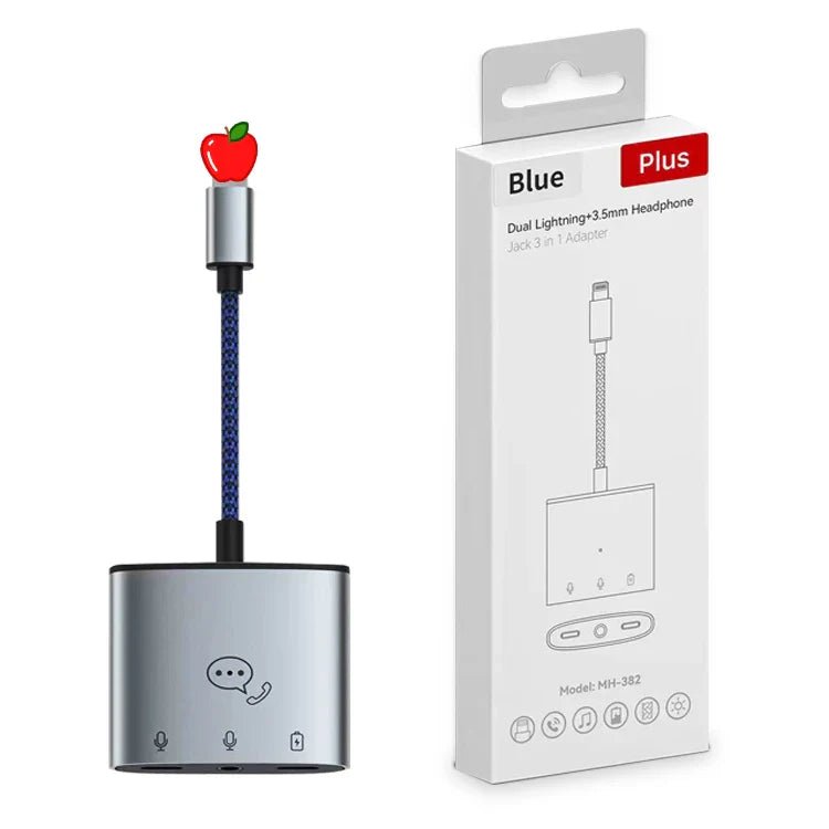 HKM-669715 3 in 1 Audio Splitter Adapter for iPhone with 8-Pin Connector to 3.5mm Aux and Charger Port