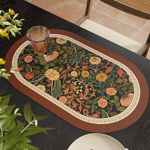 HKM-669715 Retro Flower Waterproof Oval Placemat in Orange and Green - Easy to Clean Dining Table Cushion (30 x 45 cm)