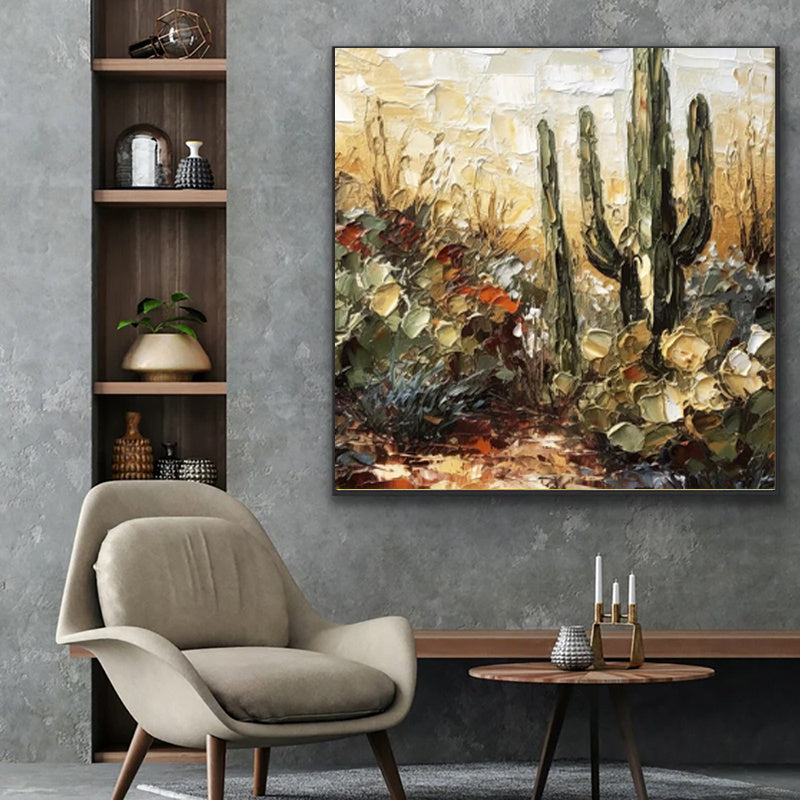 HKM-669907 Handmade Thick Oil Painting Canvas Wall Art - Unique Flower Cactus Design for Home Decor