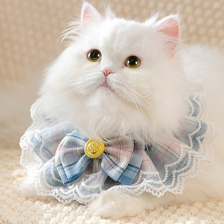 HKM-6700861 Plaid Big Bow Lace Edge Cat Bib Scarf - Pink, Blue, Green, Red, XS-XL