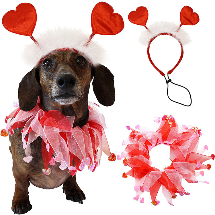 HKM-6706621 Valentine's Day Pet Hairband and Scarf Set for Dogs - Stylish Dog Party Accessory