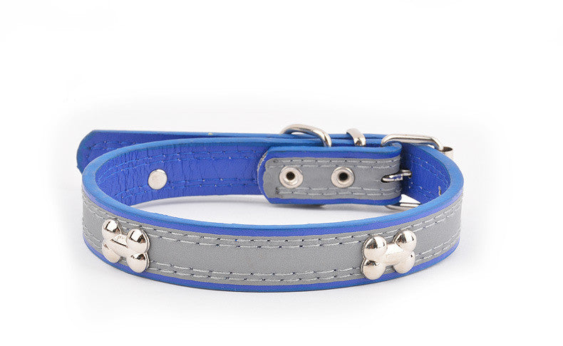 HKM-6706749 Reflective Three Bone Dog Collar Leash in Brown, Blue, Black, and Red - Multiple Sizes Available