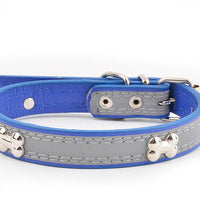 HKM-6706749 Reflective Three Bone Dog Collar Leash in Brown, Blue, Black, and Red - Multiple Sizes Available